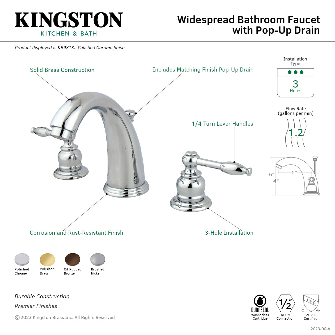 Kingston Heirloom KB982KL - Knight Two-Handle 3-Hole Deck Mount Widespread Bathroom Faucet with Pop-Up Drain, Polished Brass — thumbnail 2